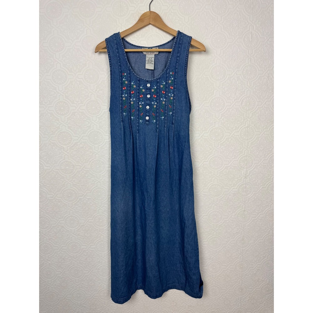 Vintage True Blue Denim Floral Embroidered Cotton Dress Cottagecore Blue Small